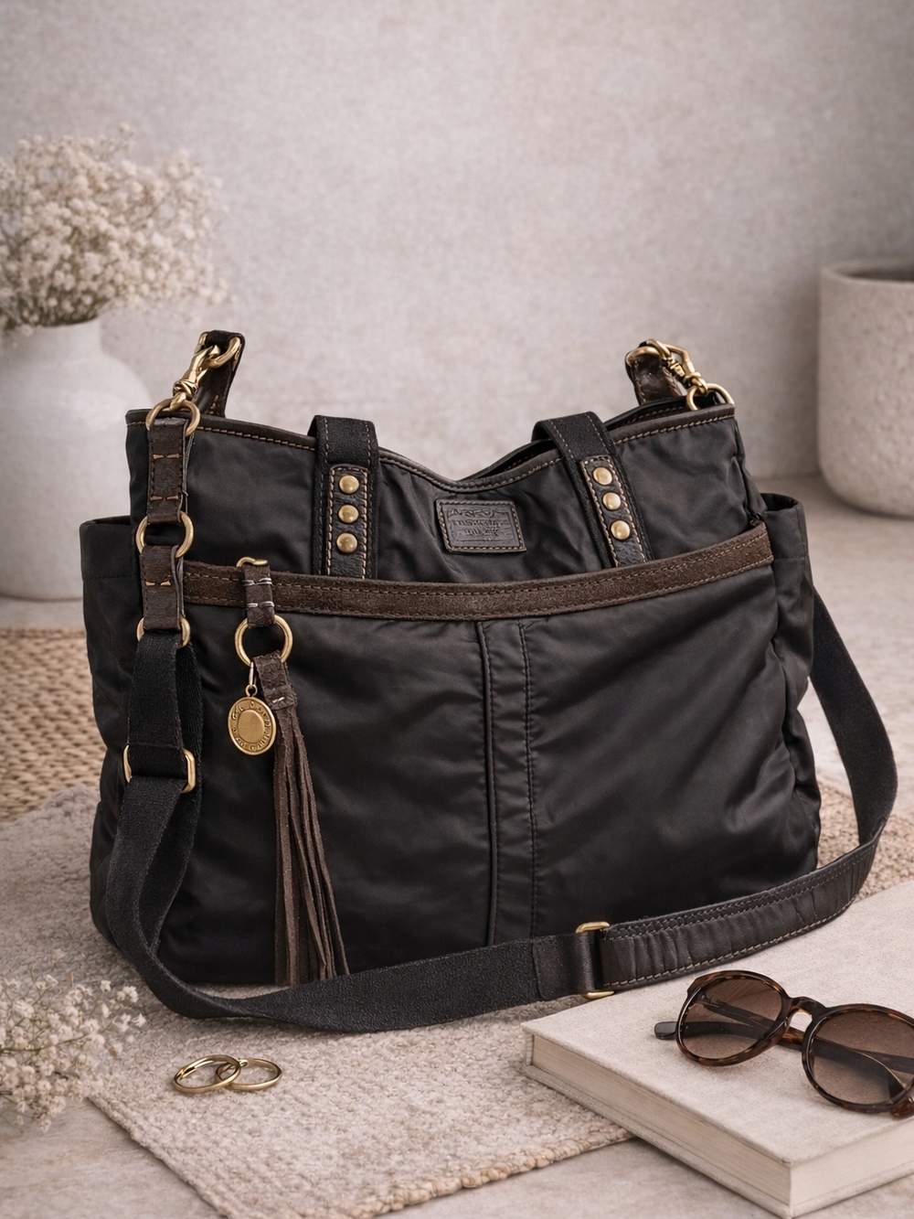 Coach Dark Brown/black Shoulder Bag/diaper Bag  with Tassel Accents & Tags